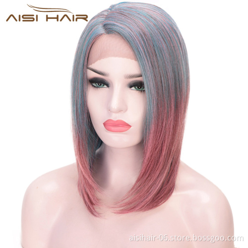 Aisi Hair Short Blue Mixed Pink Wig Straight Silky Front Lace Wig Cosplay Short Bob Lace Front Hair Wigs For Black White Women